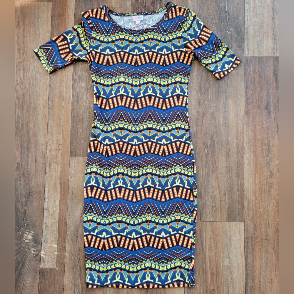 LuLaRoe Geometric Blue and Orange Midi Dress
